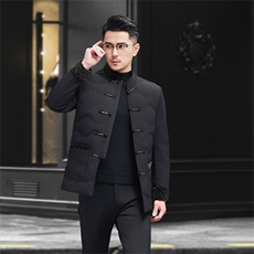 继续中老年羽绒服唐装外套男士复古风羽绒服外套中式唐装，男装羽绒服，钱塘723