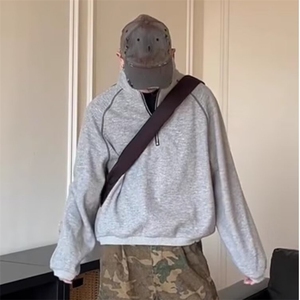小众休闲长袖卫衣宽松廓形简约百搭复古高级感半高领拉链上衣潮图片