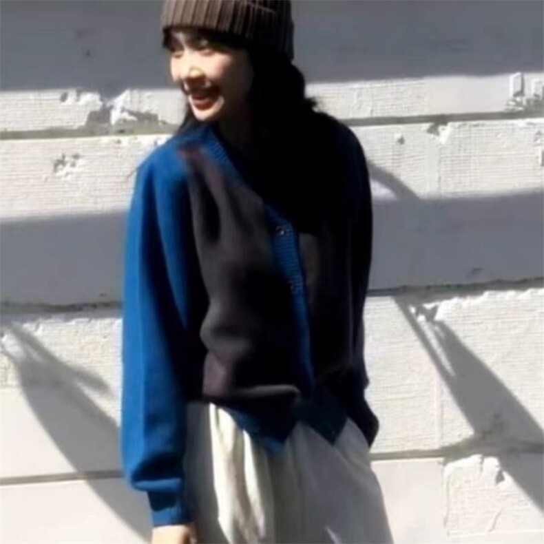 秋冬新款羊毛撞色圆领开衫简约个性显瘦保暖外套,女装羊毛衫,旭驰羊绒