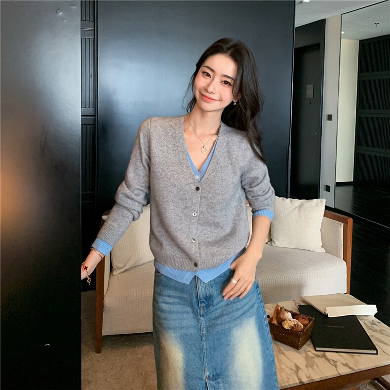 2025秋冬百搭时尚v领纽扣长袖针织衫,女装羊绒衫,玛卡隆羊绒