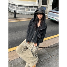 连帽斜拉链卫衣男女修身百搭显瘦设计感翻领美式开衫外套上衣，女装短外套，星座410-6（原星座1304-1）