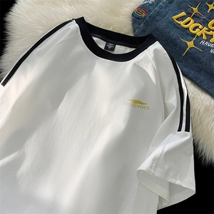 夏季美式高街重磅纯棉三条杠织带撞色男女短袖T恤ZD623-特P30图片
