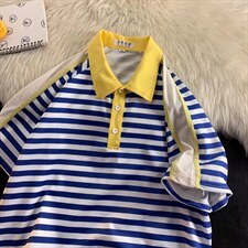 潮流潮五分袖原宿条纹标准气质新款男T56P32图片