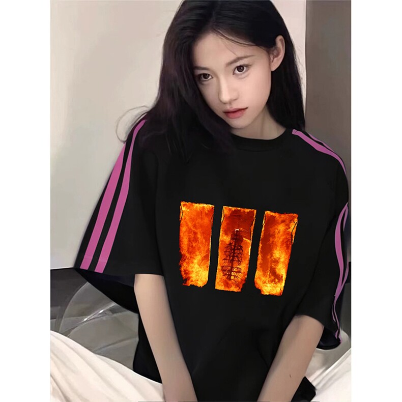 抖音得物品质二开240克宽松纯棉美式潮牌印花三条杠中性风短袖T恤,男装T恤,电商A486