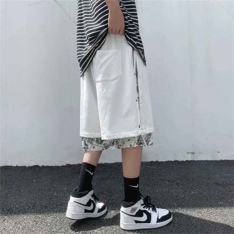 潮流夏季腰果花拼接假两件排扣运动中裤休闲短裤五分卫裤DJ21-p28,男装休闲裤,星座1008-1