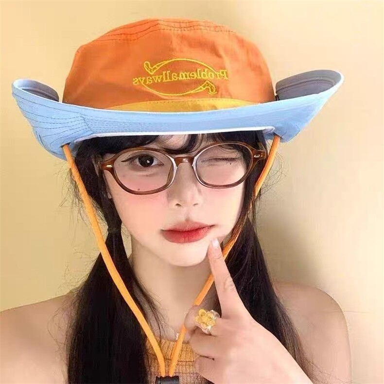 多巴胺刺绣户外登山帽女春夏季大帽檐遮阳防晒薄款渔夫帽子,饰品帽子,星座418-2