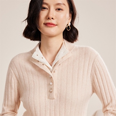 时尚双层领系扣坑条女士秋冬羊绒衫30%羊绒，女装羊绒衫，名驰羊绒