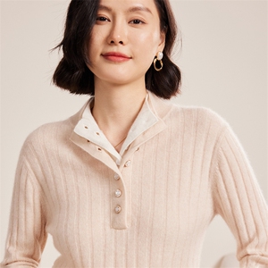 时尚双层领系扣坑条女士秋冬羊绒衫30%羊绒图片