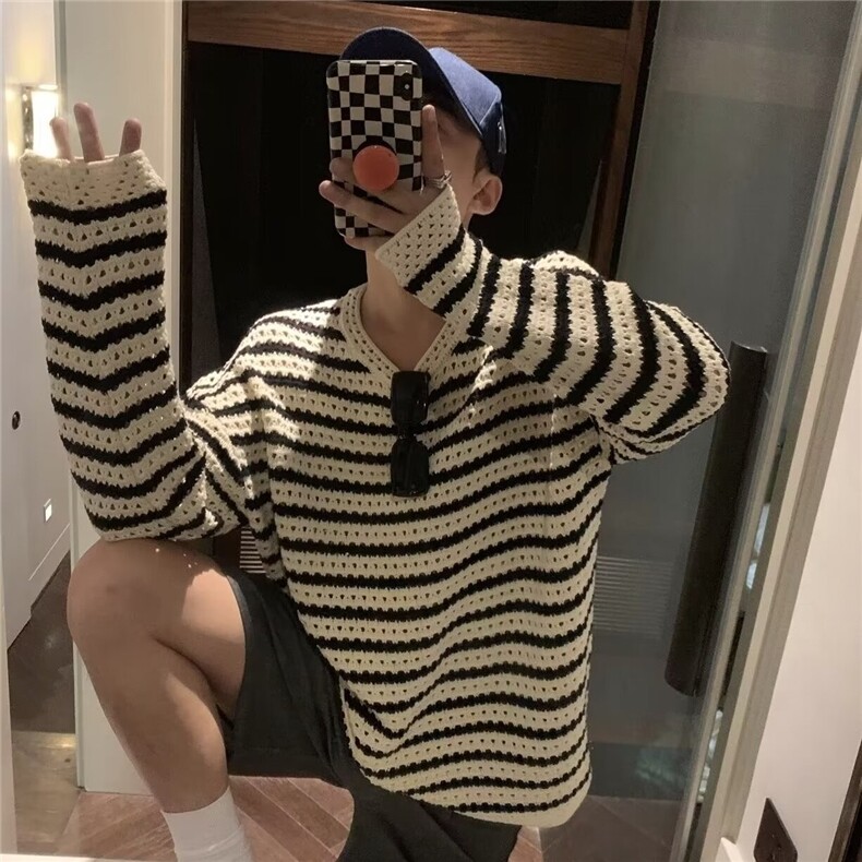 594-P33秋季复古镂空撞色条纹针织衫男设计感韩版慵懒风网红,男装针织衫/毛衣,电商B323A
