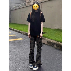 美式微喇迷彩牛仔裤男女潮牌高级感vibe裤子弯刀工装裤WX3099 P43图片