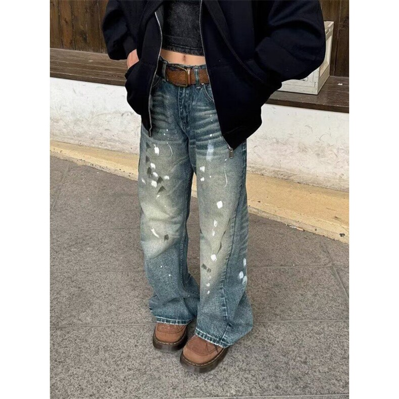 美式复古泼墨牛仔裤男女潮宽松直筒阔腿欧美休闲拖地裤XN6084,男装牛仔裤,星座208-5