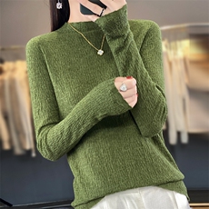 秋冬新款半高领纹理精纺羊毛衫女针织打底衫宽松显瘦纯色套头长袖，女装羊毛衫，越洋羊