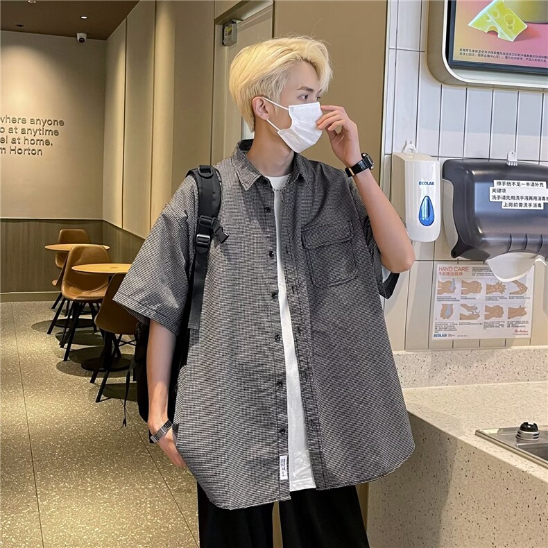 ER2351-P35夏日复古细格纹工装短袖衬衫男女新款ns潮牌衬衣外套,男装衬衫,电商C233