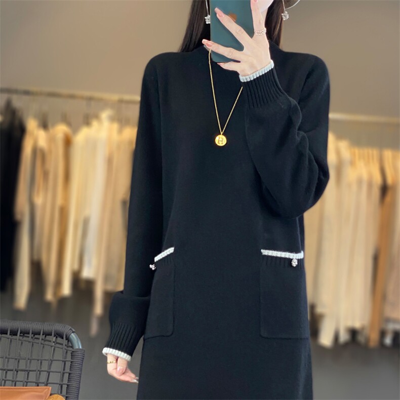 时尚显瘦中长款拼色针织连衣裙优雅百搭带兜设计，女装连衣裙，宛庄羊绒