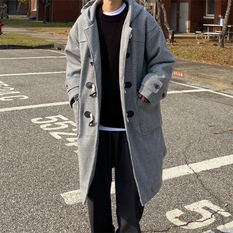 816B-DY1008-P130冬季牛角扣毛呢连帽大衣男韩呢子外套,男装毛呢大衣,星座816B