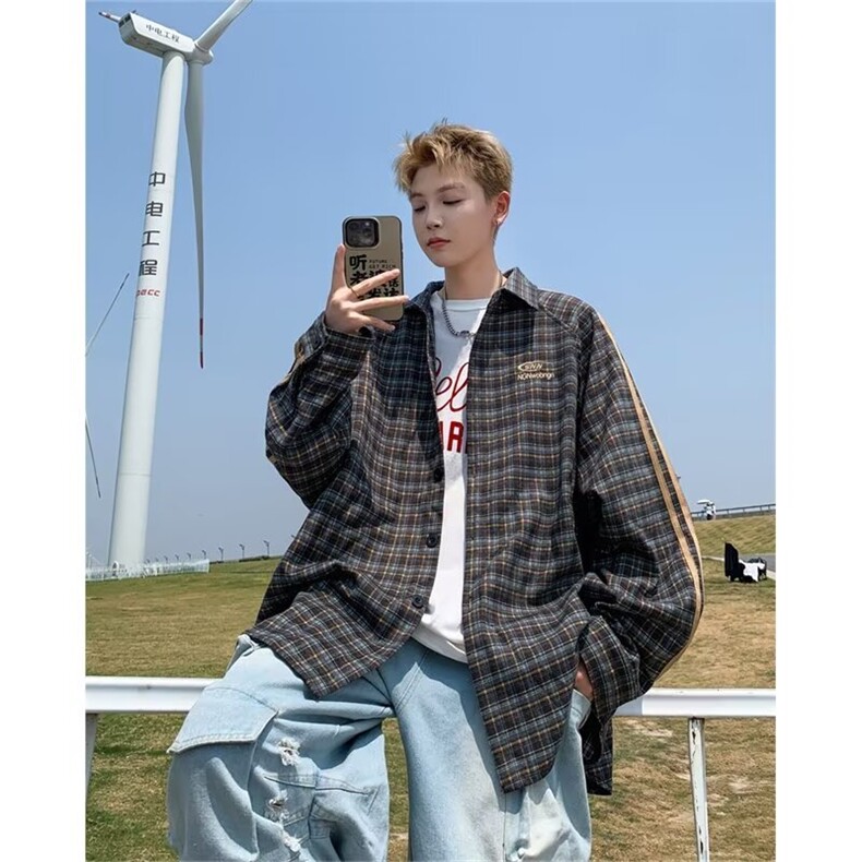 早秋潮牌情侣三条杠格子衬衫宽松格纹衬衣外套男女CY1015-P64,男装衬衫,星座412-2