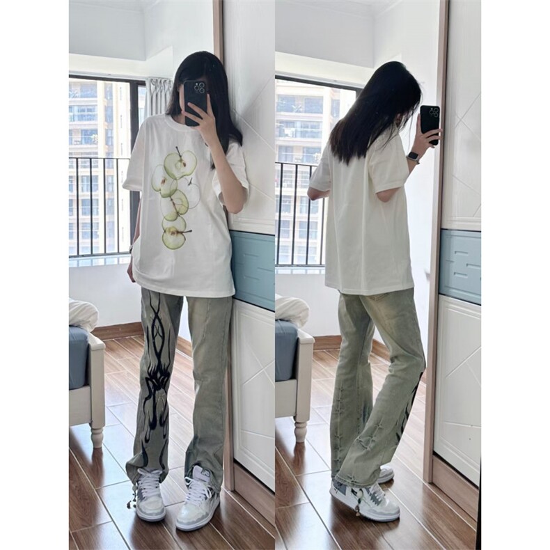 【有货】美式高街黄泥色牛仔裤男女直筒火焰残影裤子NZ05HH-特P58,男装牛仔裤,星座1007（原301D）