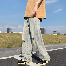 美式复古水洗破洞牛仔裤夏季薄款hiphop高街潮牌休闲直筒裤，男装牛仔裤，星座410-6（原星座1304-1）