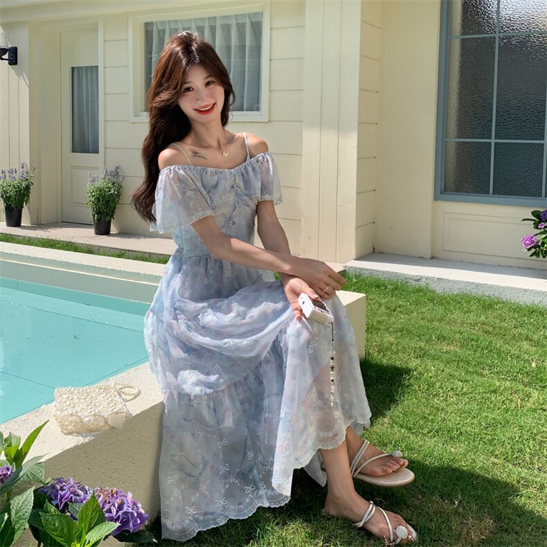 甜美碎花雪纺吊带连衣裙女夏季2025新款韩版拼接设计感时尚长裙子,女装连衣裙,2C087