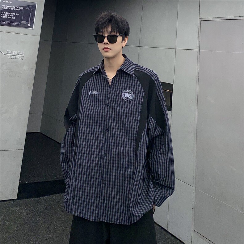 拼接补丁撞色条纹格子衬衫男女宽松长袖外套CS19-P58,男装衬衫,电商C307A