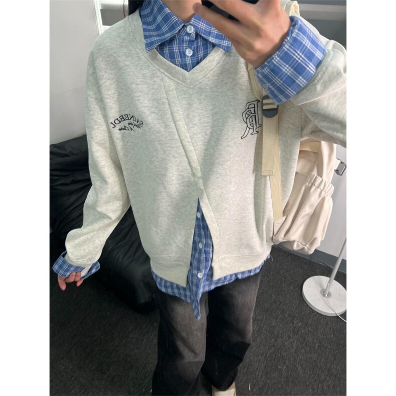 5280-P50假两件拼接格子polo领休闲卫衣薄款,女装卫衣/绒衫,星座617A-2