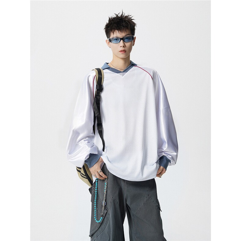 可二开美式POLO衫大码M-5XL拼接V领球衣长袖T恤男CX78111P45控69,男装Polo衫,星座226-1