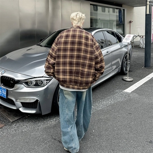 美式潮牌复古格子双面穿情侣宽松百搭秋季夹克高街外套男HY201图片
