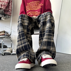 毛呢格子加绒阔腿裤男2024秋冬新款潮牌垂感休闲直筒裤K7595-P48，男装休闲裤，星座512-3