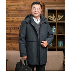 中老年羽绒服男士中长款加厚防寒中年休闲白鸭绒连帽可脱卸外套，男装羽绒服，钱塘6003（原4033）