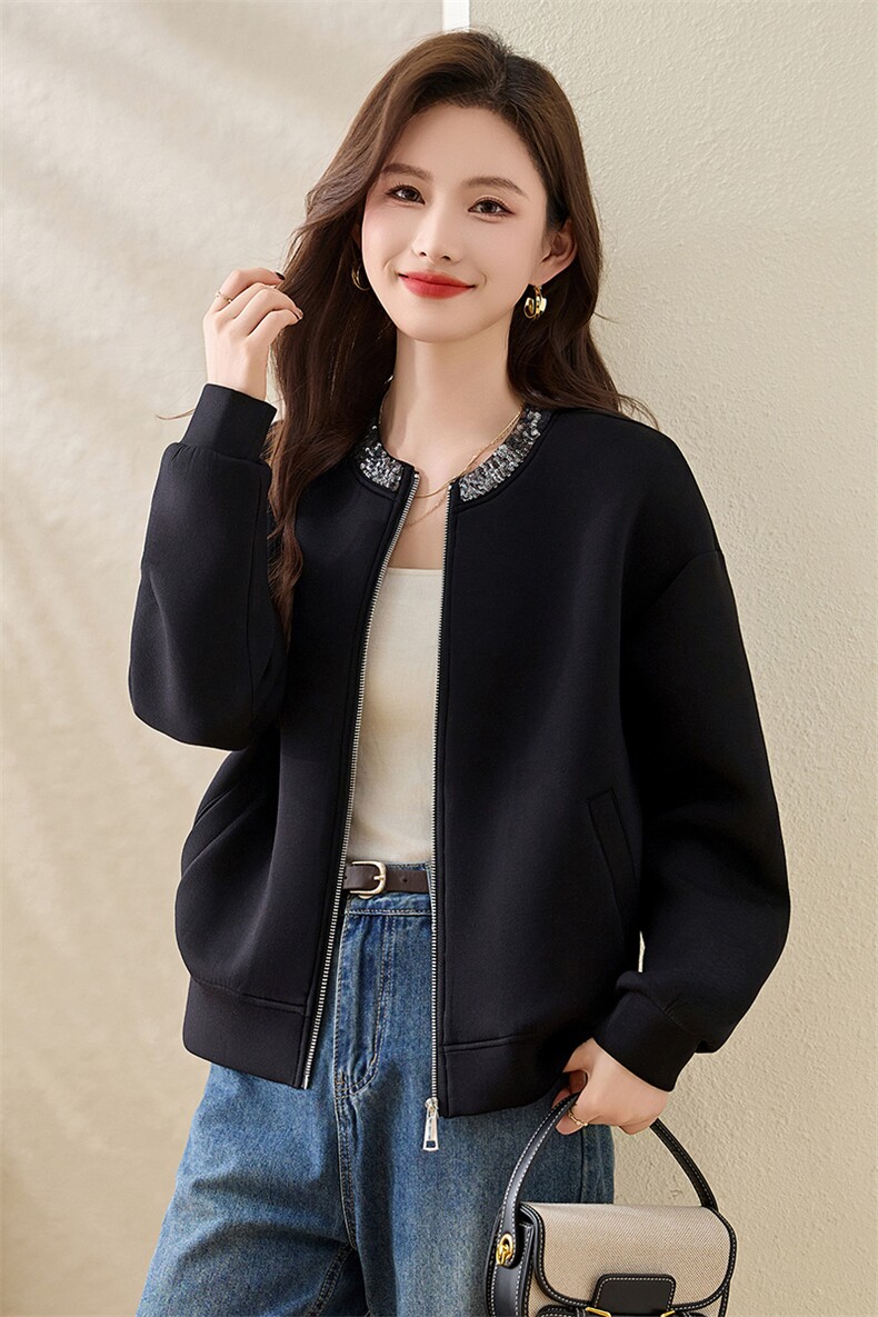 休闲珠片绣黑色外套女春季欧洲站大码上衣2025年新款时尚女装,女装短外套,美沁
