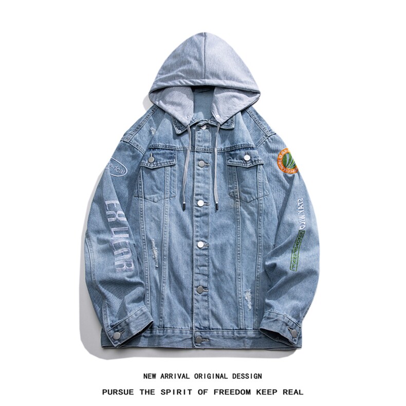 JK3014-p85  M-5X白底ins牛仔夹克绣花破洞大码男日系CITYBOY图片