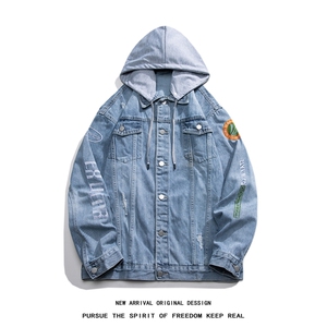 JK3014-p85  M-5X白底ins牛仔夹克绣花破洞大码男日系CITYBOY图片