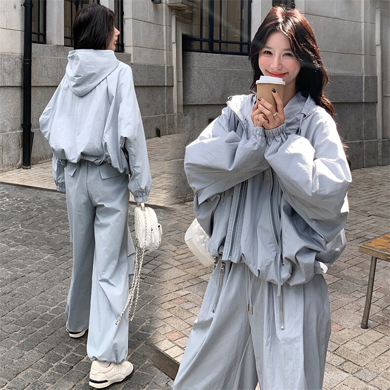 2025秋款宽松少女感外套运动蝙蝠袖+直筒裤套装,女装套装/套裙,纯色衣恋