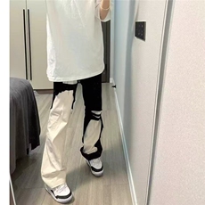 美式牛仔裤潮黑白拼色破洞裤直筒P45YL959，男装牛仔裤，星座1112-1