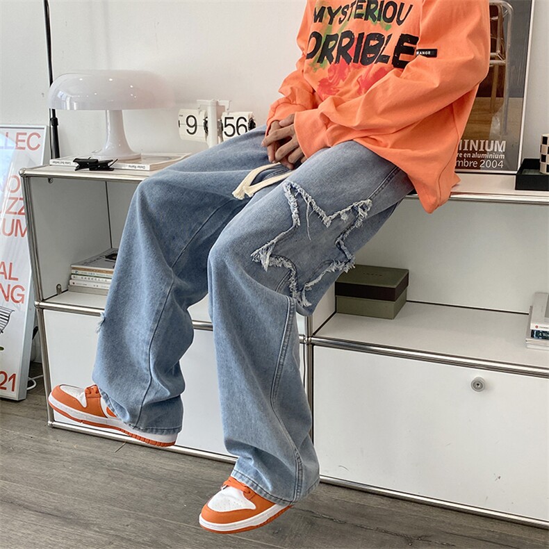 秋款男牛仔裤直筒宽松字五角星补丁流苏直筒宽松长裤NK5002P45,男装牛仔裤,星座1013-1