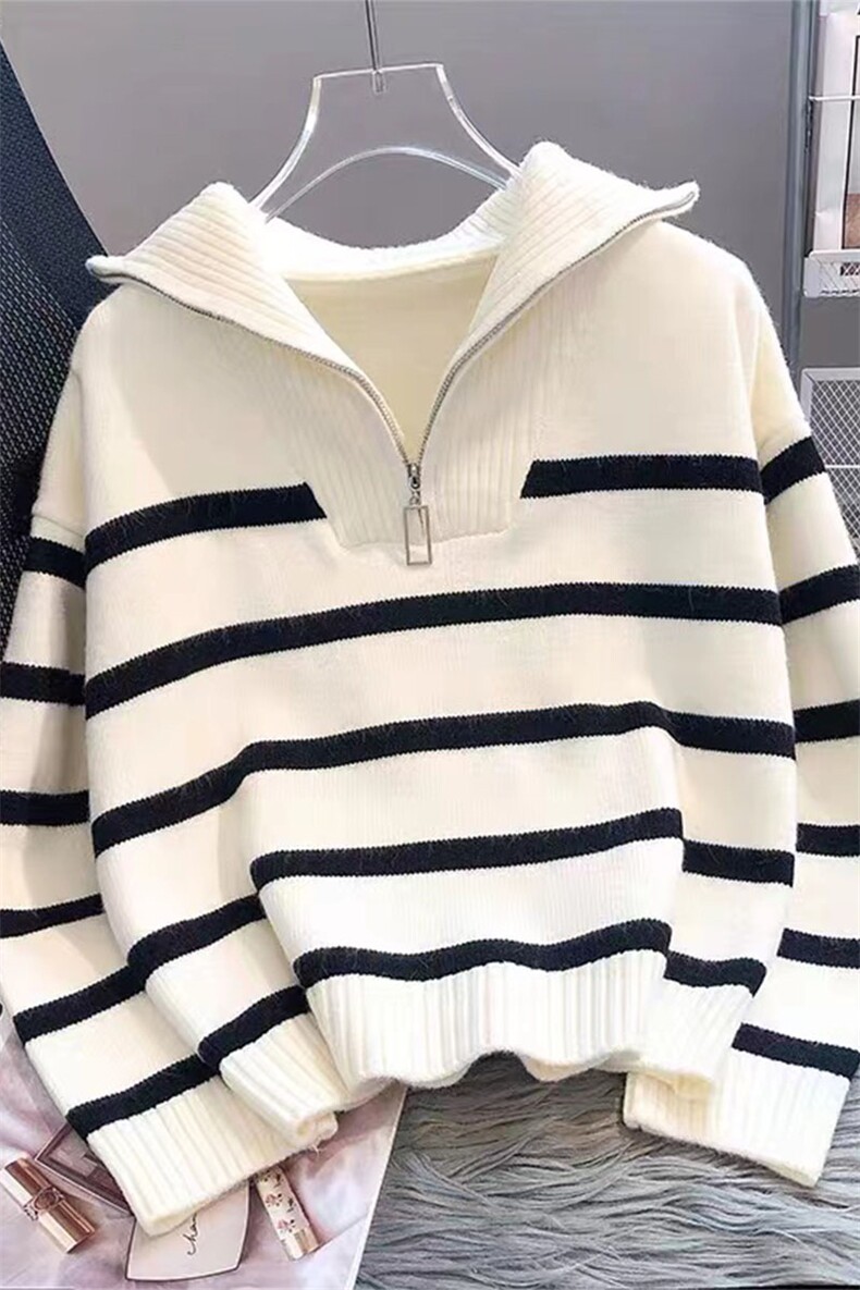 女士毛衣女装春秋装加厚内搭2025新款拉链条纹打底衫短款爆款高级,针织衫/毛衣,萱芳婷羊绒