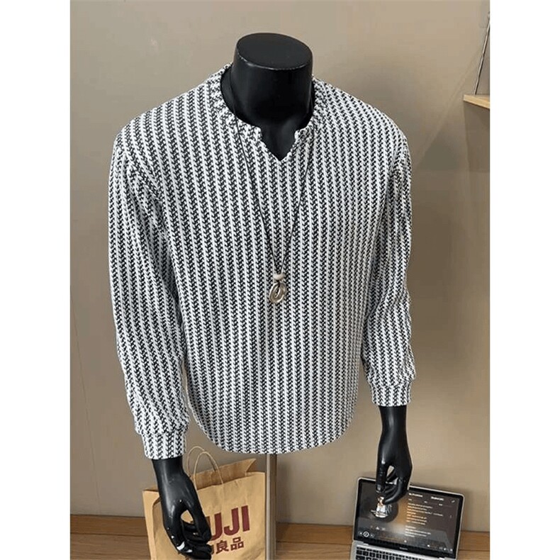 美式高街千鸟格子长袖T恤男女亨利V领英伦雅痞休闲宽松长袖打底衫，男装T恤，电商A486
