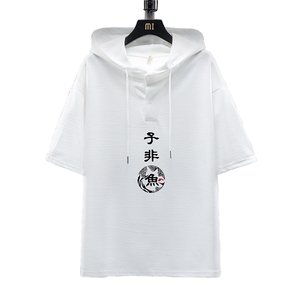 LD54070-P45 连帽短袖t恤男大码胖子带帽五分袖中袖 展架图片