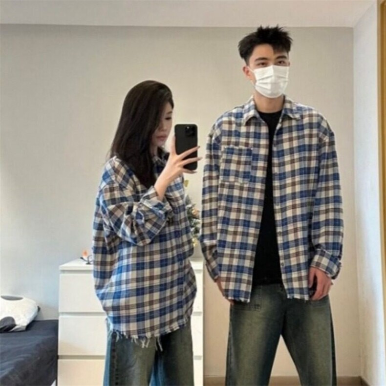 美式复古春秋新款简约毛边蓝色条纹拼接衬衫外套男百搭休闲情侣款,男装衬衫,星座506A