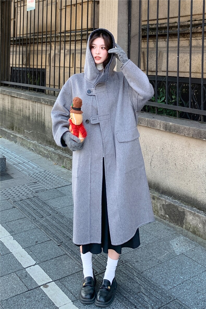 现货2025秋冬双面羊毛呢连帽正反两穿休闲毛呢风衣外套,女装毛呢外套,丝露依尚（原SL）