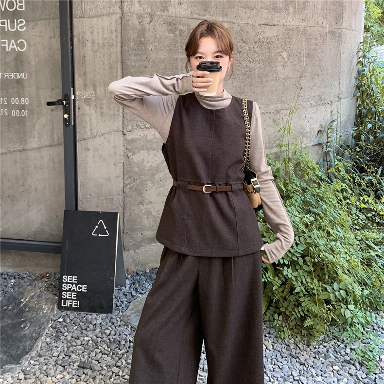 时尚套装女2025秋季新款设计感小众宽松显瘦马甲衬衫阔腿裤三件套,女装套装/套裙,2C210