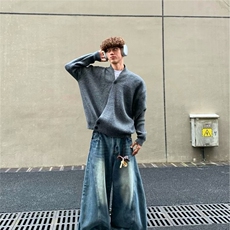 黑色v领道袍毛衣开衫男春秋潮牌高级感针织衫宽松慵懒老钱风外套，男装针织衫/毛衣，星座218-1（原230）