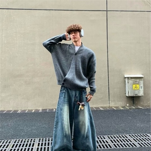 黑色v领道袍毛衣开衫男春秋潮牌高级感针织衫宽松慵懒老钱风外套图片