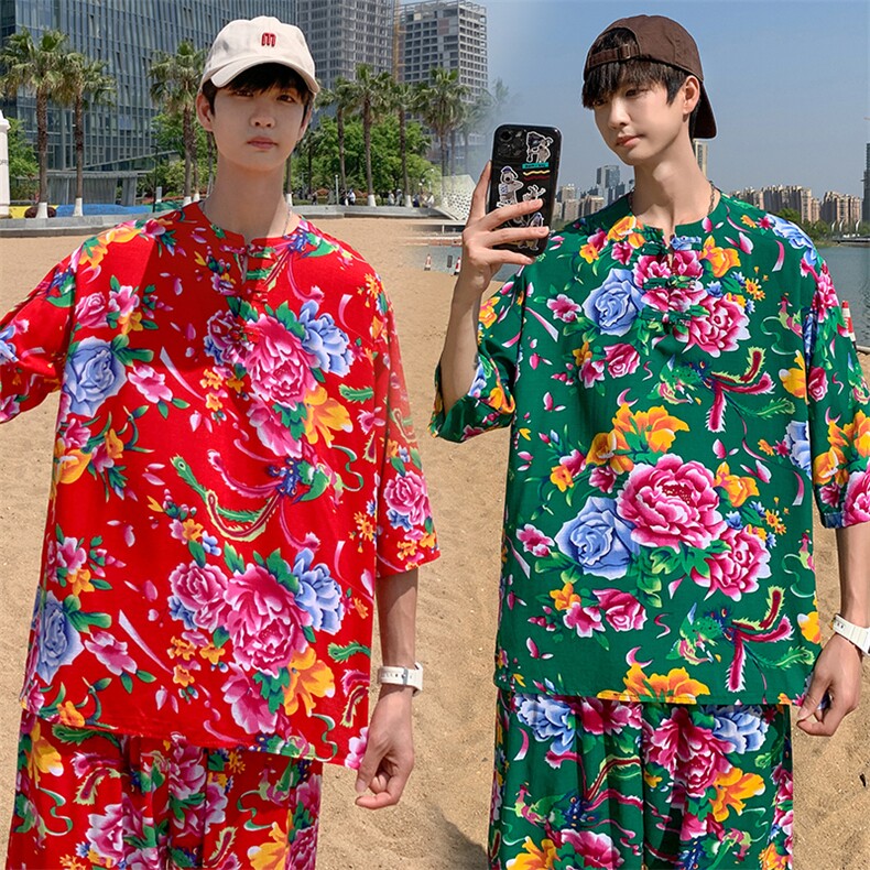 TZ340男士夏季风大花布套装大码宽松凉爽透气民族风个性外套，男装休闲套装，星座115A(原星座507）