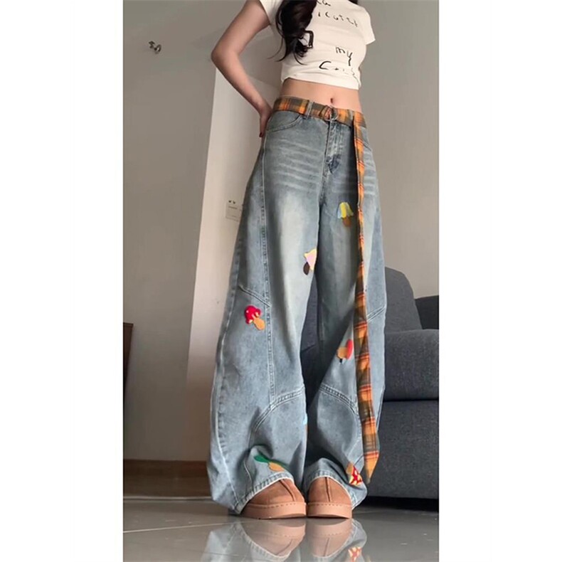 美式高街复古立体刺绣配腰带阔腿牛仔裤男女显瘦直筒弯刀拖地裤潮,男装牛仔裤,电商A486