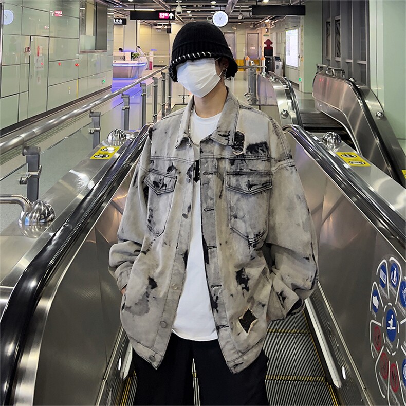 美式牛仔外套男春扎染破坏牛仔衣设计感高街夹克潮NT521P75,男装工装外套,星座301D-2(原星座1004-1）