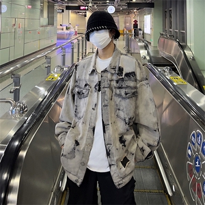美式牛仔外套男春扎染破坏牛仔衣设计感高街夹克潮NT521P75图片