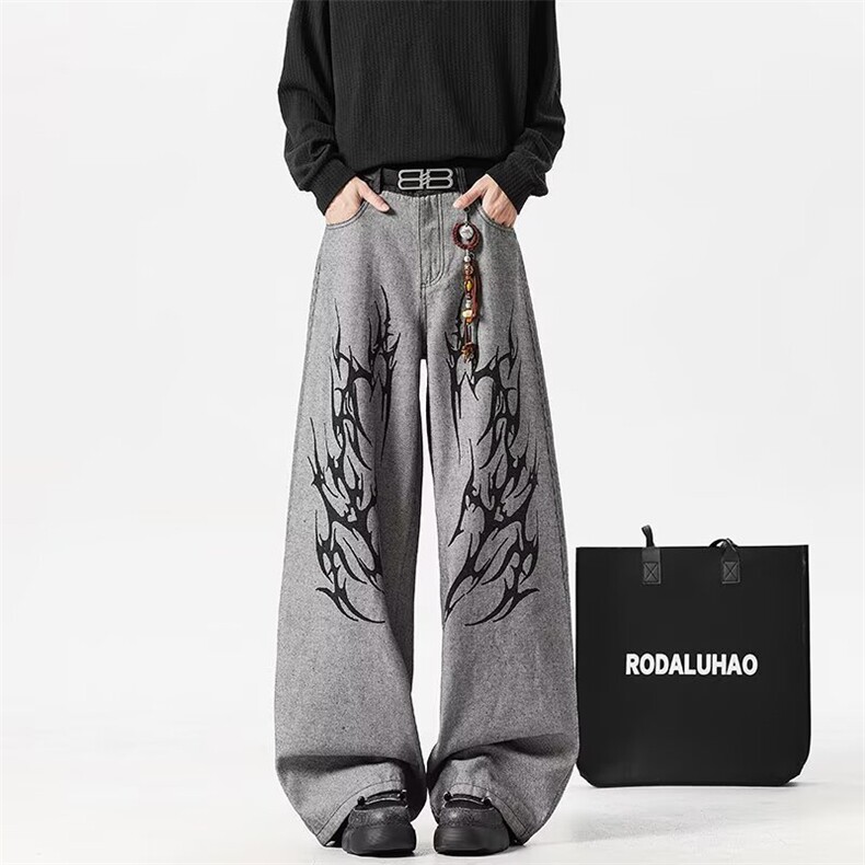 SS0898-P50美式高街牛仔裤男做旧宽松设计感重工直筒潮牌阔腿裤，男装牛仔裤，电商C233