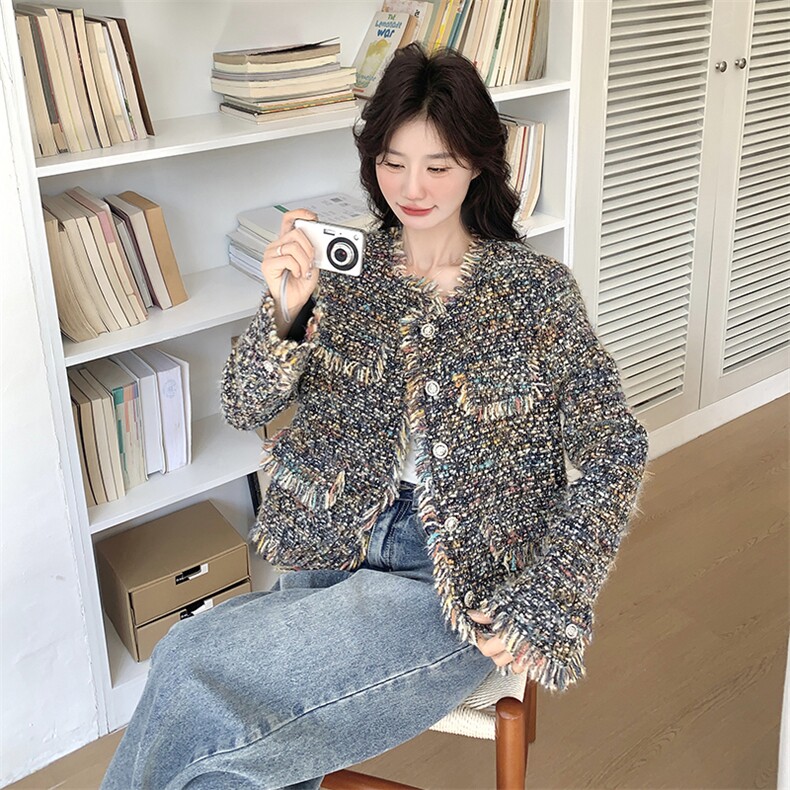 【现货大】粗花呢彩色编织小香风春秋外套1C045-H508P165K258,女装短外套,红龙果