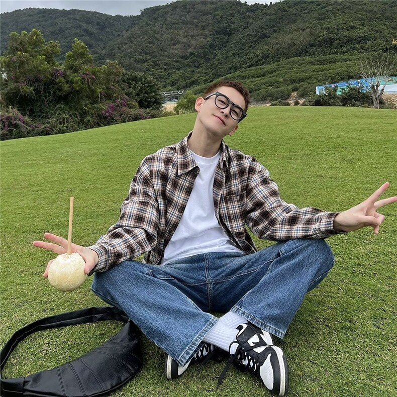 工装衬衫男长袖秋季新款潮流百搭格子衬衣日系复古青少年宽松外套图片